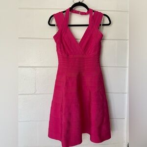 Herve Leger after party cocktail dress form fitting hot pink